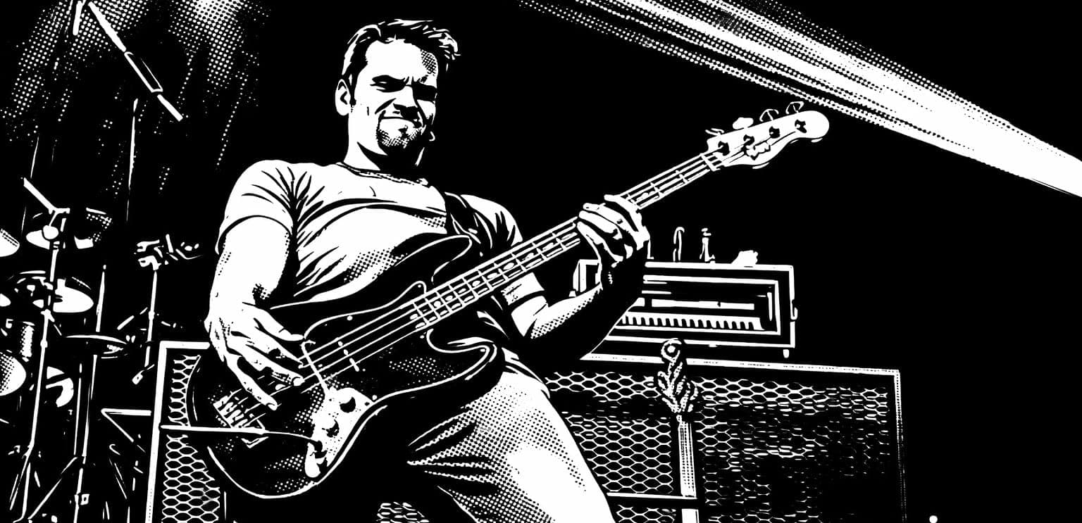 An illustration of Boots playing bass guitar on stage, with a dynamic and energetic pose.