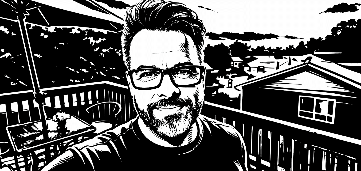 An illustration of a recent photo of Boots on his deck, wearing glasses and a dark t-shirt, smiling at the camera.