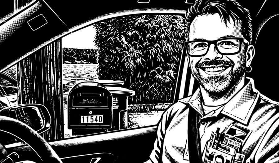 An illustration of Boots working as a USPS Letter Carrier, delivering mail out of his mail truck.