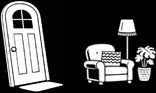 A front door, leading into the left side of an illustrated living room, containing a comfy chair, lamp, and plant on the floor.